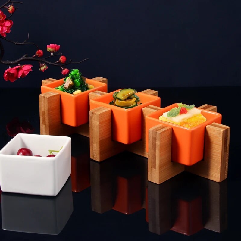 Japanese Style Bamboo and Wood Creative Ceramic Square Cup Artistic Conception Set Plate
